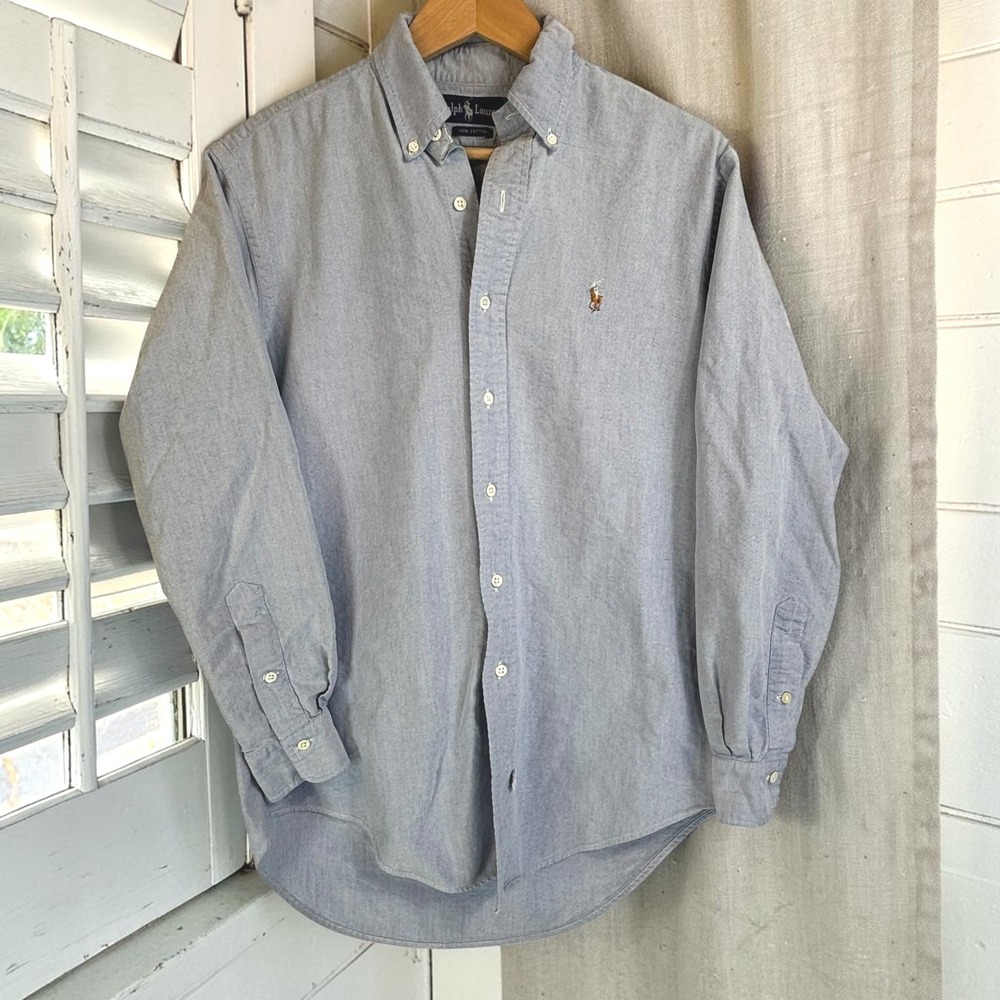 Vintage Button Down Shirt Ralph Lauren 15.5-33 Blue Cotton Oxford Flesh Pony